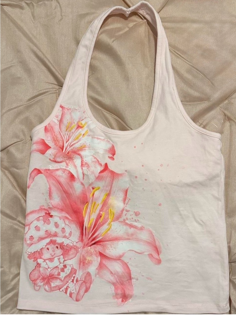 Soft Pink Floral Halter Tank Top with Watercolor Lily Print